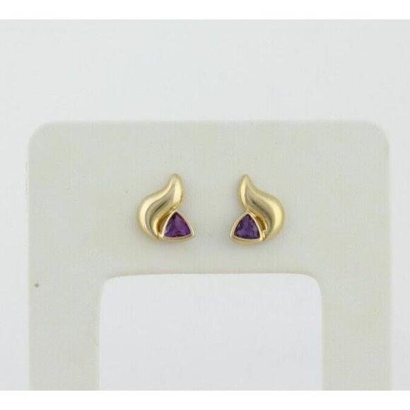 14k Yellow Gold Amethyst Earrings Stud Post - Picture 1 of 8